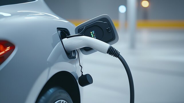 Charging Electric Car at Station Providing Clean Energy for Transportation