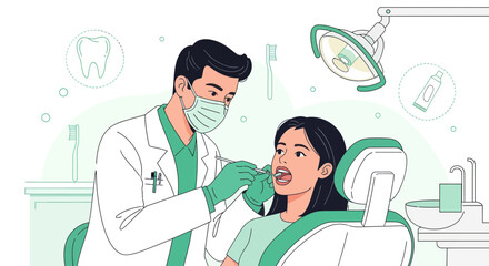 Obraz premium Dentist Examining Patient Dental Hygiene Checkup, Oral Healthcare and Wellness Illustration