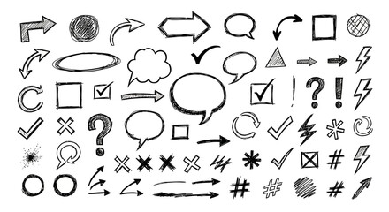 Collection of hand drawn doodle icons and symbols including arrows speech bubbles question marks and checkmarks