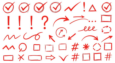 Collection of red hand drawn checkmarks question marks exclamation marks arrows and boxes on white background