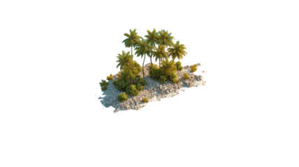 Small tropical island surrounded by clear calm water creating a peaceful serene coastal atmosphere on white background