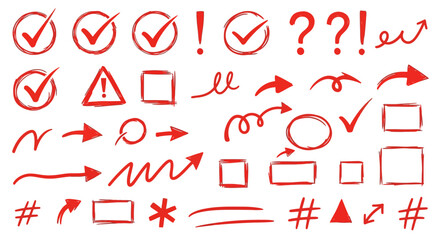 Collection of hand drawn red checkmarks exclamation marks question marks arrows and geometric shapes on white background
