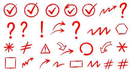 Collection of hand drawn red marks and symbols including checkmarks question marks arrows and exclamation points