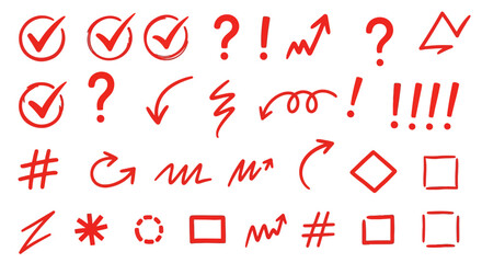 Collection of hand drawn red checkmarks question marks exclamation points arrows symbols and shapes on white background