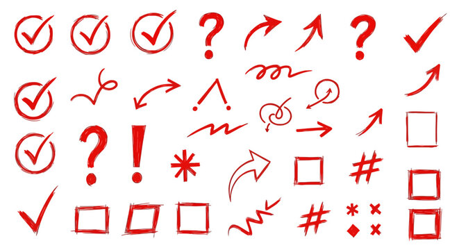 Collection of hand drawn red checkmarks question marks arrows symbols and boxes on white background