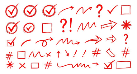 Collection of red hand drawn checkmarks arrows question marks exclamation marks hashtags and squares on white background