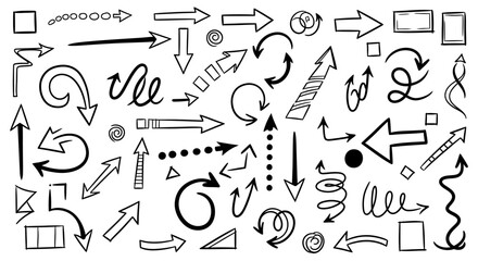 Collection of hand drawn arrows and symbols in black ink on white background for design elements