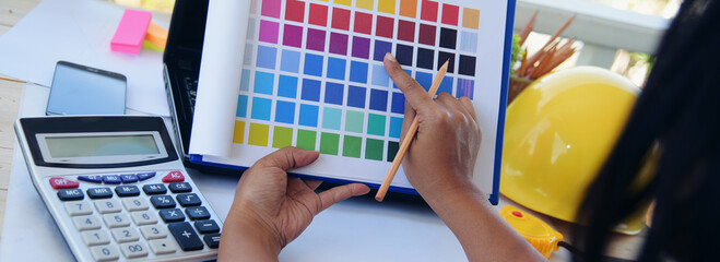 Banner man construction engineer writing notepad wear plaid shirt safety white hard hat at...