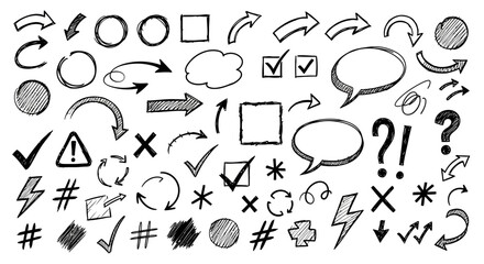 Hand drawn doodle icons set featuring arrows speech bubbles checkmarks question marks and geometric shapes © Ashok