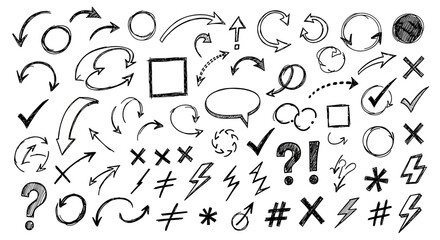 Collection of hand drawn arrows and symbols in sketchy doodle style on white background