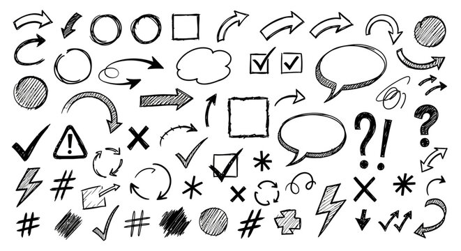 Hand drawn doodle icons set featuring arrows speech bubbles checkmarks question marks and geometric shapes