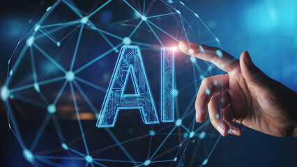 Explore cutting-edge AI technology with a touch, as a hand interacts with digital network and glowing AI symbol, showcasing innovation and digital transformation