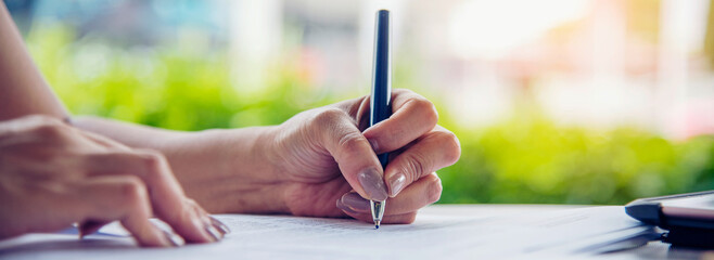 Banner Businesswoman hands note meeting document in conference room. Woman Hands writing planning...