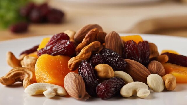 A delicious and nutritious mix of nuts and dried fruits served on a plate. The mix includes almonds, cashews, raisins, and apricots, providing a healthy snack option Stock Video