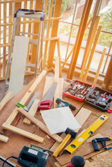 Vertical Horizon DIY craftsperson asian man working wood heap carpenter objects woodwork desk....