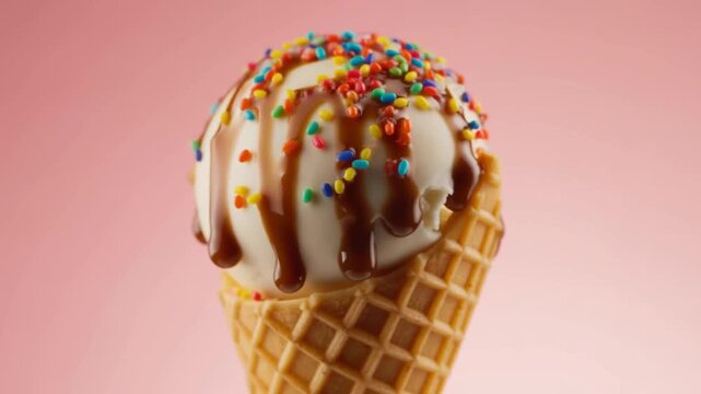 Delicious ice cream cone with colorful sprinkles and chocolate syrup against a pink background Stock Video