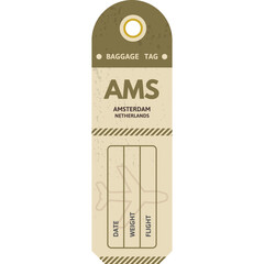 Vintage distressed luggage tag with AMS Amsterdam Netherlands text and airplane graphic on white background in retro style