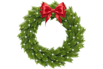 Christmas Pine Wreath with Red Satin Bow and Lights Transparent PNG
