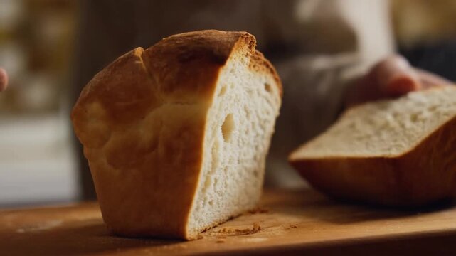 Freshly baked bread being sliced, capturing the moment of enjoying a fresh loaf Stock Video