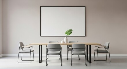 Minimalist conference or meeting room with a modern design and a blank whiteboard on the wall
