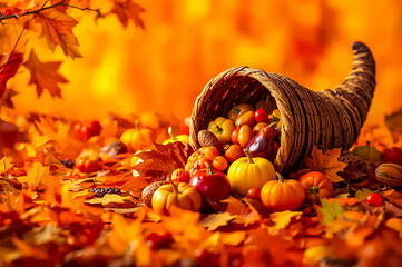  A festive abstract depiction of Thanksgiving with autumn leaves and a cornucopia filled with various agricultural product against a warm orange background.