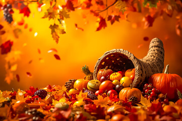 A festive abstract of Thanksgiving with autumn leaves and a cornucopia filled with various agricultural products against a warm orange background.
