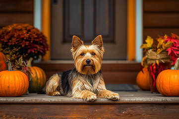An Australian silky terrier dog lying on a porch of wooden house decorated with pumpkins and autumn leaves. Generated AI.