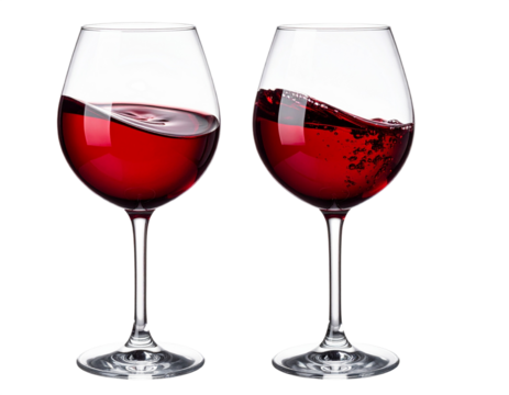 Two glasses of red wine isolated on white background, transparent PNG