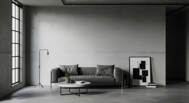 Modern minimalistic living room with grey sofa and decorative artwork in monochrome style