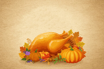 A golden brown roasted turkey surrounded by a vibrant orange pumpkin and a cornucopia with autumnal fruits and vegetables against a warm beige background.
