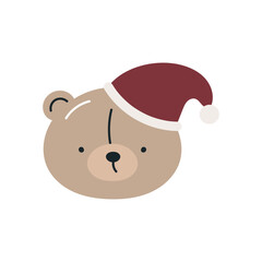 Сute Christmas teddy bear. Isolated on white background. Christmas design. Childish Christmas print. For card, posters, stickers, banners, printing on the pack, printing on clothes, fabric, wallpaper.