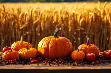 Thanksgiving table setting with bunch of pumpkins, berries and apples on wheat field background.
