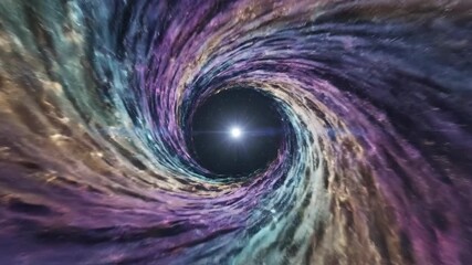 Abstract vortex tunnel with swirling colors and central light source - Powered by Adobe