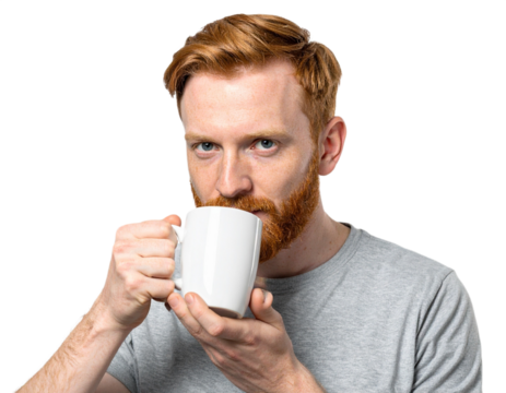 Man drinking from a white mug isolated on white background, transparent PNG