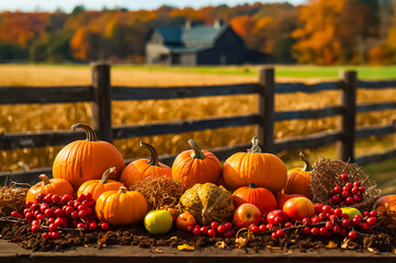The vibrant Thanksgiving table setting with bunch of pumpkins, berries and apples, farm with wheat field, house and wooden fence background in autumn season.