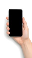A hand of an adult is holding a smartphone with a blank white screen, ideal for mockup use. 