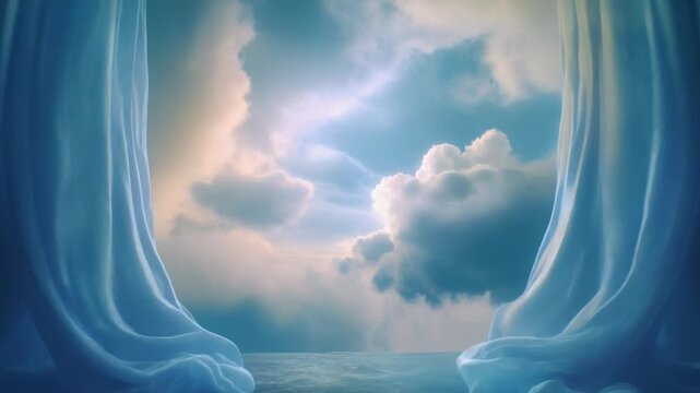 Sky opening like liquid curtains, soft glowing light spilling through