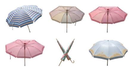 Six colorful umbrellas arranged in two rows: striped blue, beige, pinks, crossed pair, and pale blue with yellow canopy