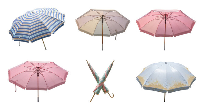 Six colorful umbrellas arranged in two rows: striped blue, beige, pinks, crossed pair, and pale blue with yellow canopy