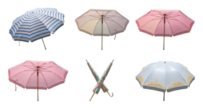 Six colorful umbrellas arranged in two rows: striped blue, beige, pinks, crossed pair, and pale blue with yellow canopy