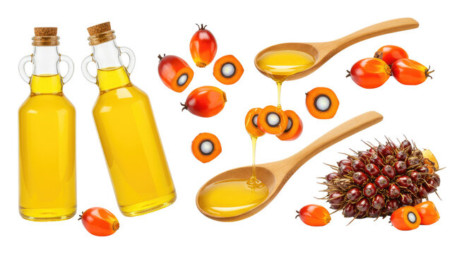 Two glass Palm oil bottles with Cameroon Palm Kernel Seed, honey drizzles on wooden spoons