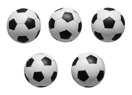 Five black-and-white soccer balls arranged in two rows