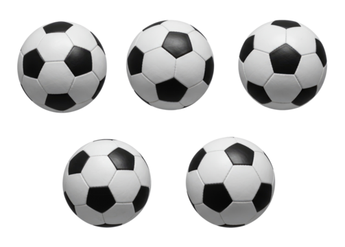 Five black-and-white soccer balls arranged in two rows