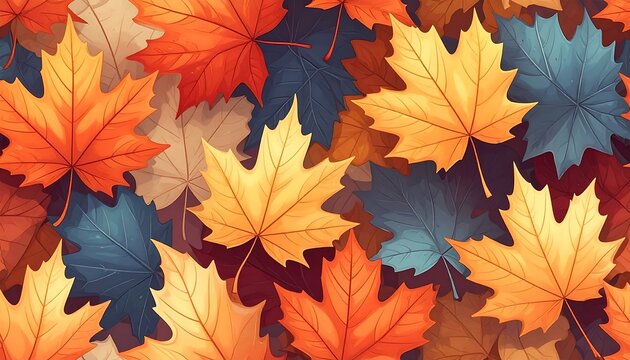 A vibrant autumnal illustration showcasing a multitude of maple leaves in varying shades of orange, yellow, and blue