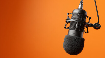 "Studio microphone with a black foam windscreen, suspended against an orange background, ideal for podcasting, broadcasting, or voice recording."