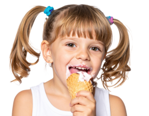 Happy girl eating ice cream isolated on white background, transparent PNG