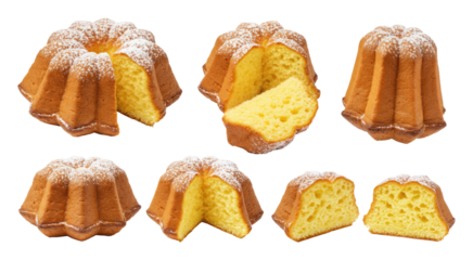 Assorted small bundt cakes with powdered sugar dusting and soft yellow interior