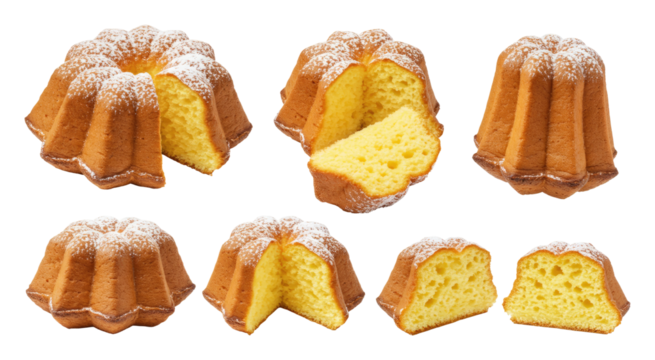 Assorted small bundt cakes with powdered sugar dusting and soft yellow interior