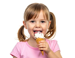 Happy little girl eating ice cream isolated on white background, transparent PNG