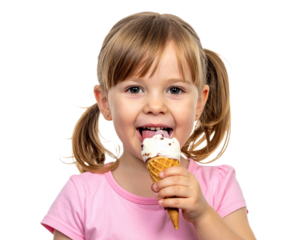 Happy little girl eating ice cream isolated on white background, transparent PNG